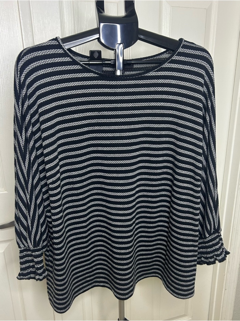Fred David Black and White Striped Long Sleeve Knit Top